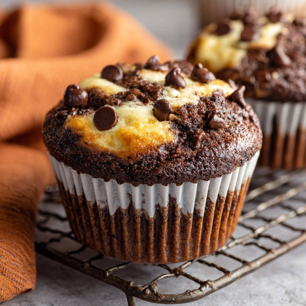 Double Chocolate Cream Cheese Swirl Muffins cooling on a wire rack with chocolate chips on top.