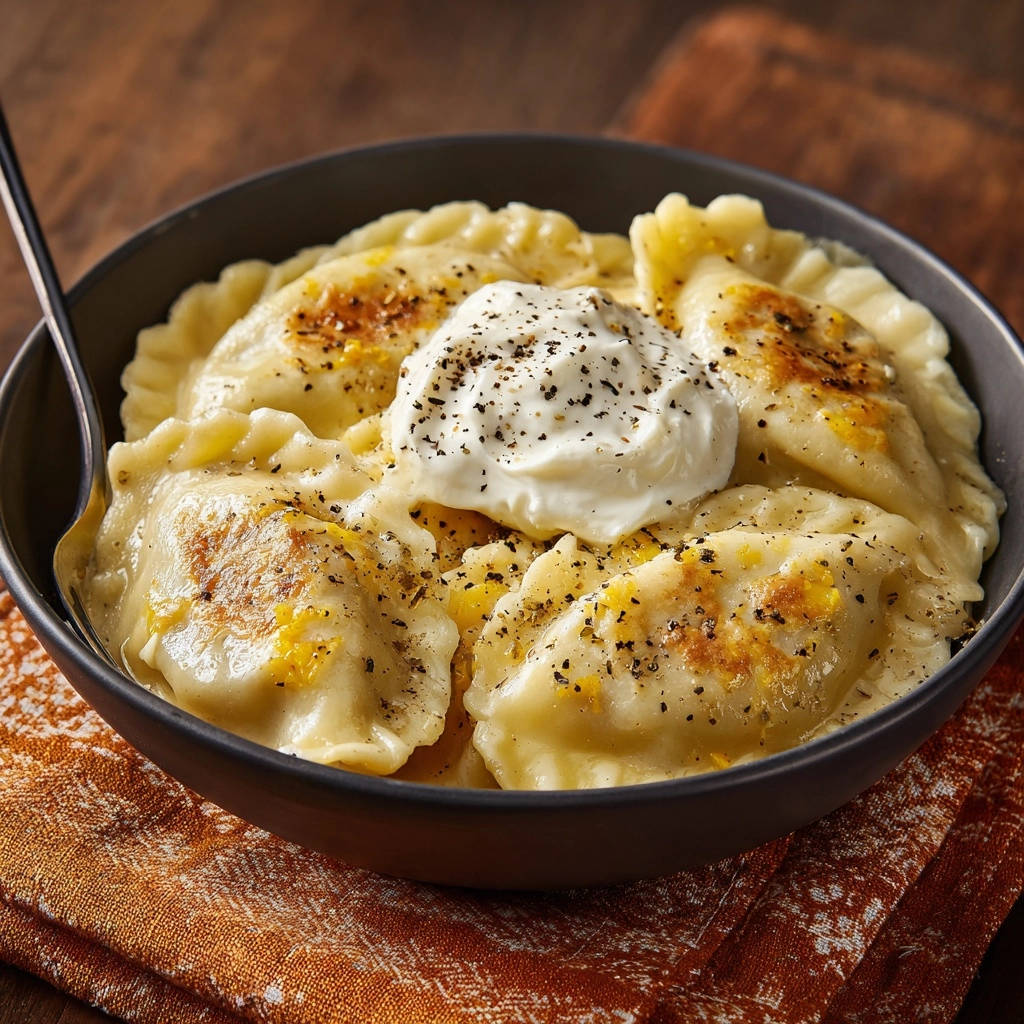 Easy pierogi served in a dark bowl, topped with a dollop of sour cream and black pepper.