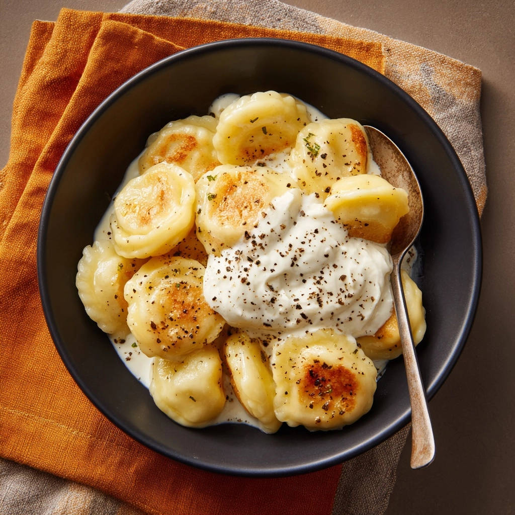 Easy pierogi served in a bowl with sour cream and black pepper, captured from an overhead view.