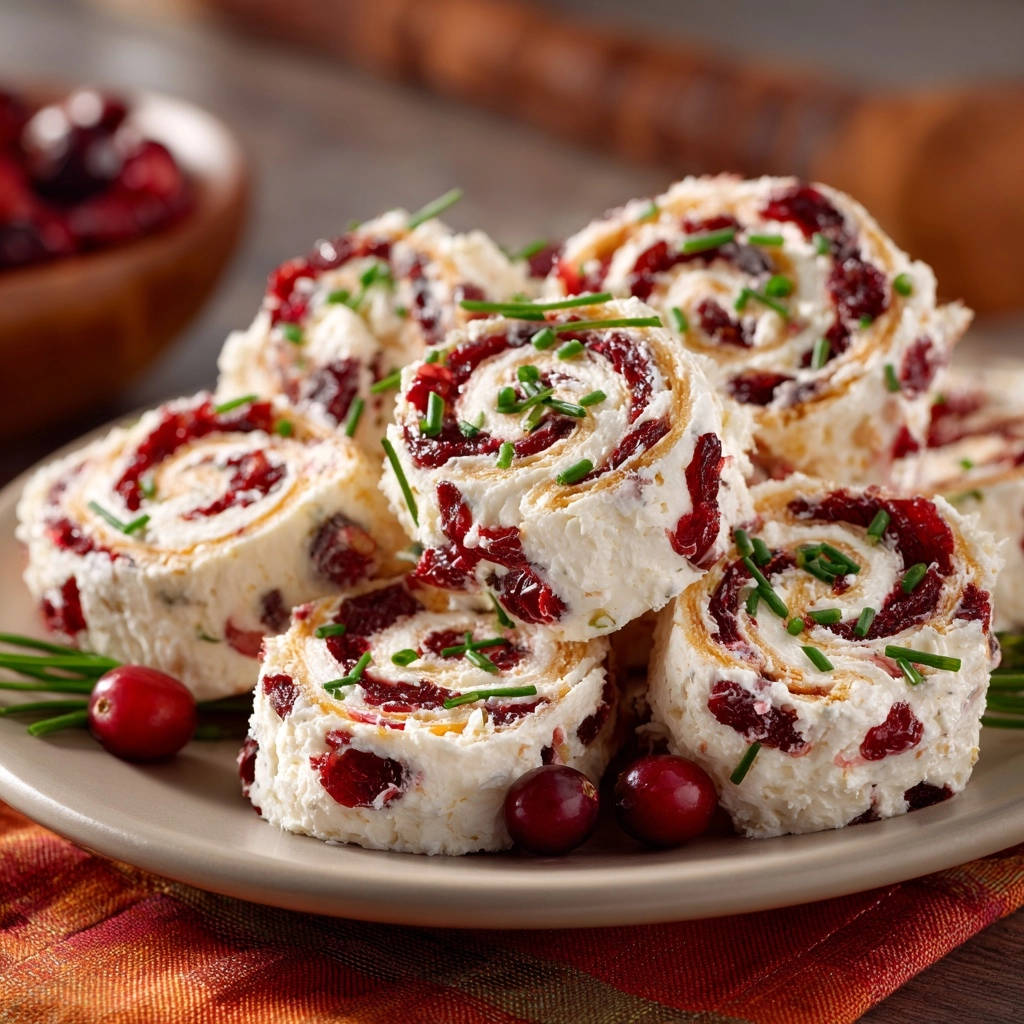 Festive cranberry pinwheels are stacked on a plate, showcasing their spiral interior and cranberry filling.