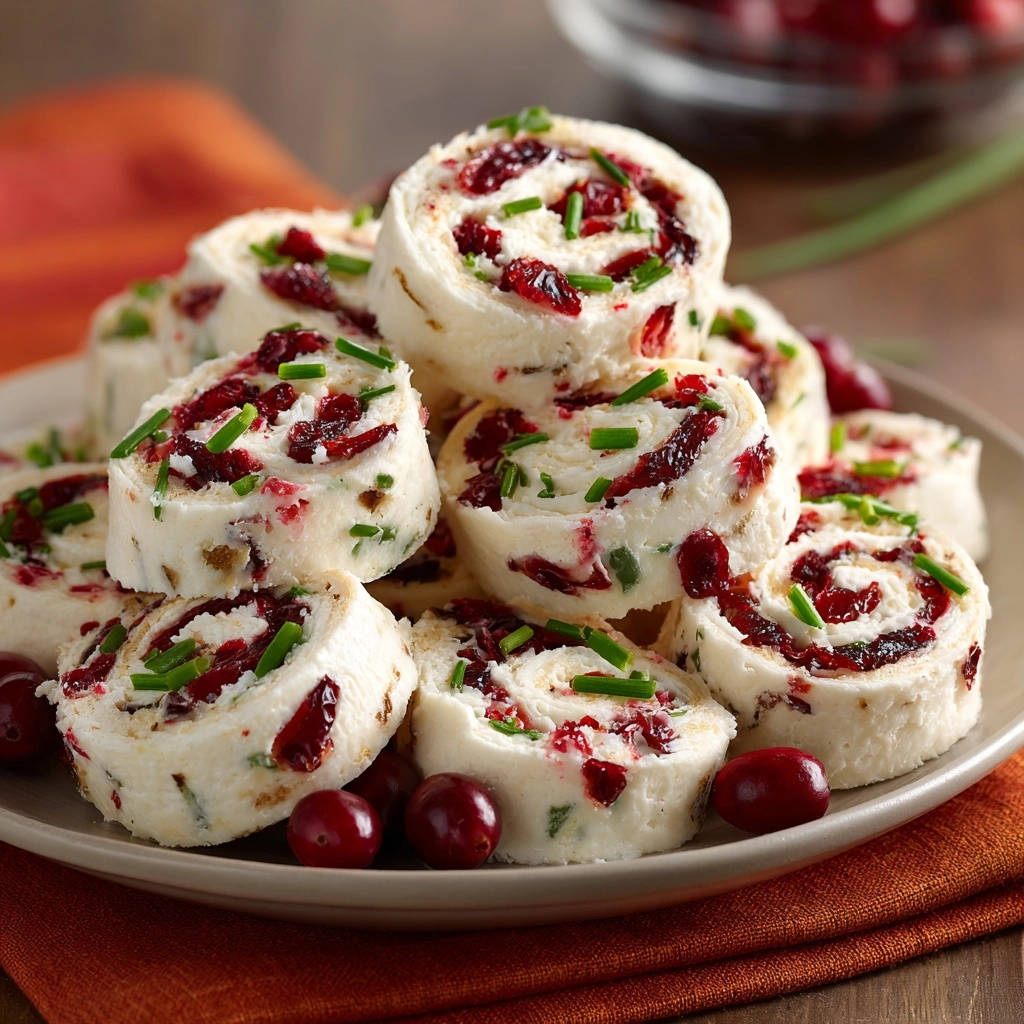 Festive cranberry pinwheels are stacked on a plate, showcasing their cross-section with dried cranberries and chives.