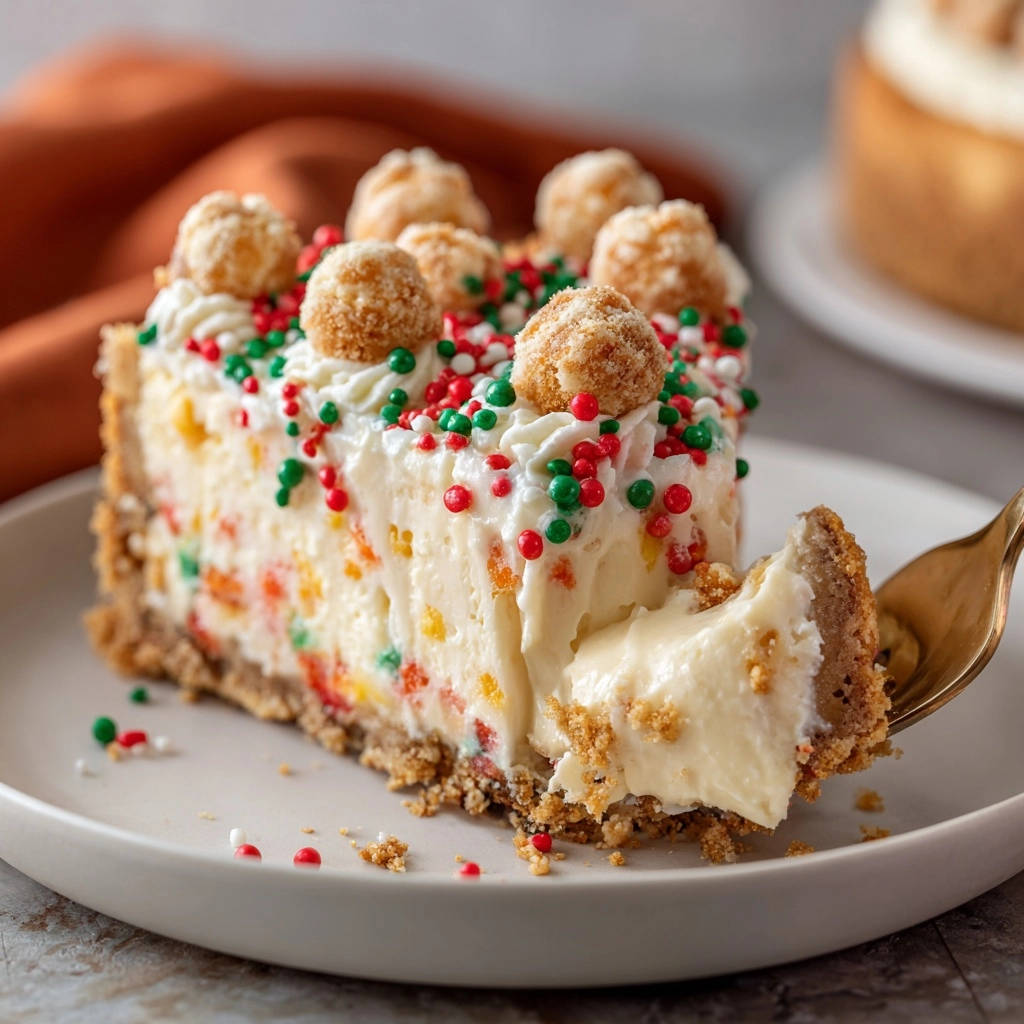 Festive sprinkle cheesecake slice cross-section showing colorful candy sprinkles and a creamy interior, with a fork taking a bite.