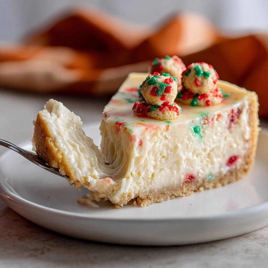 Festive sprinkle cheesecake slice with a fork taking a bite, revealing its creamy cross-section.