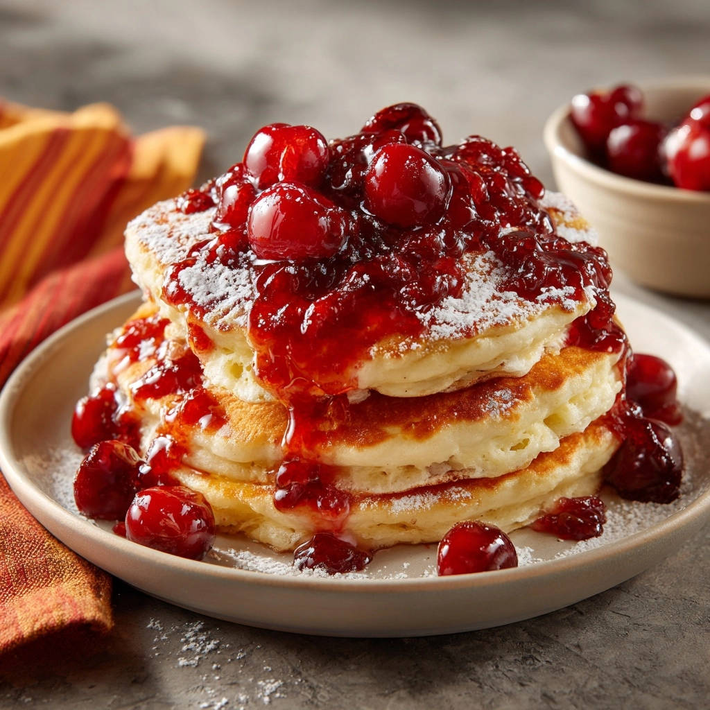 Fluffy buttermilk pancakes with cherry topping, dusted with powdered sugar, served on a plate.