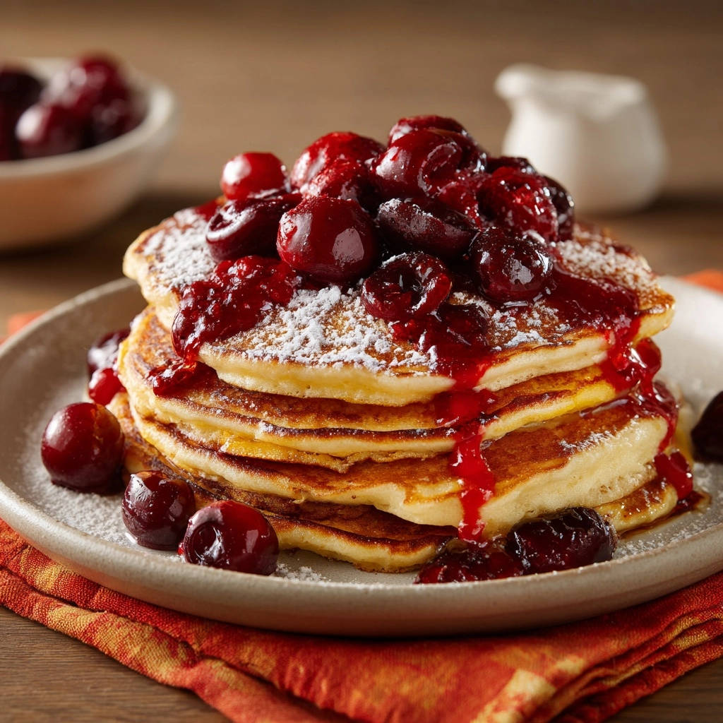 Fluffy buttermilk pancakes with cherry topping, showcasing a glistening cherry sauce and a dusting of powdered sugar.