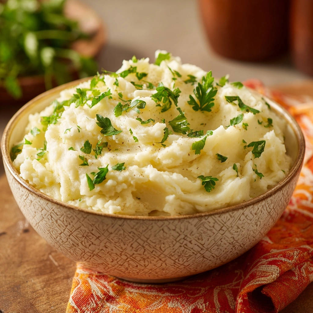 Fluffy mashed potatoes garnished with fresh parsley in a textured bowl, showcasing a delicious side dish.