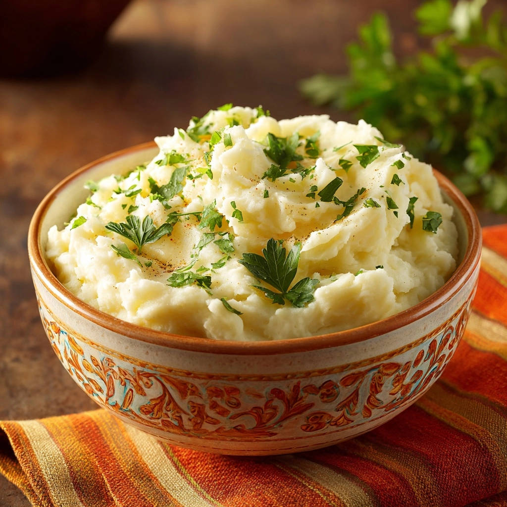 Fluffy mashed potatoes garnished with fresh parsley and black pepper in a decorative bowl.