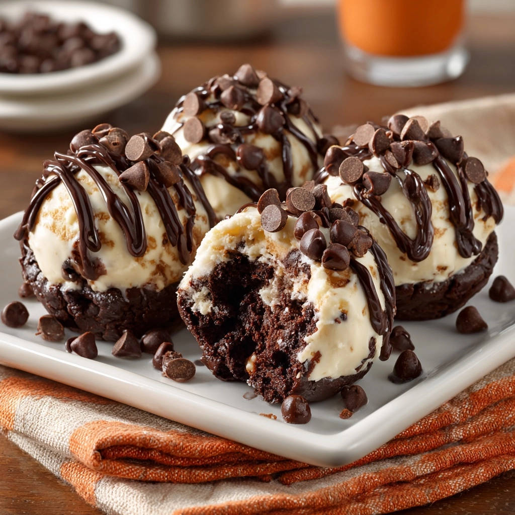 Decadent fudgy brownie bowls with ice cream and chocolate chips, showing a close-up cross-section of the rich interior.