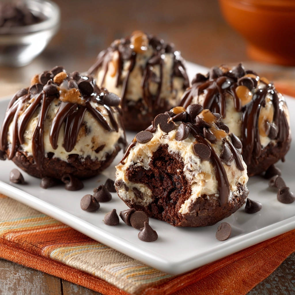 Decadent fudgy brownie bowls with a close-up cross-section showing the gooey interior, drizzled with chocolate and topped with chips.