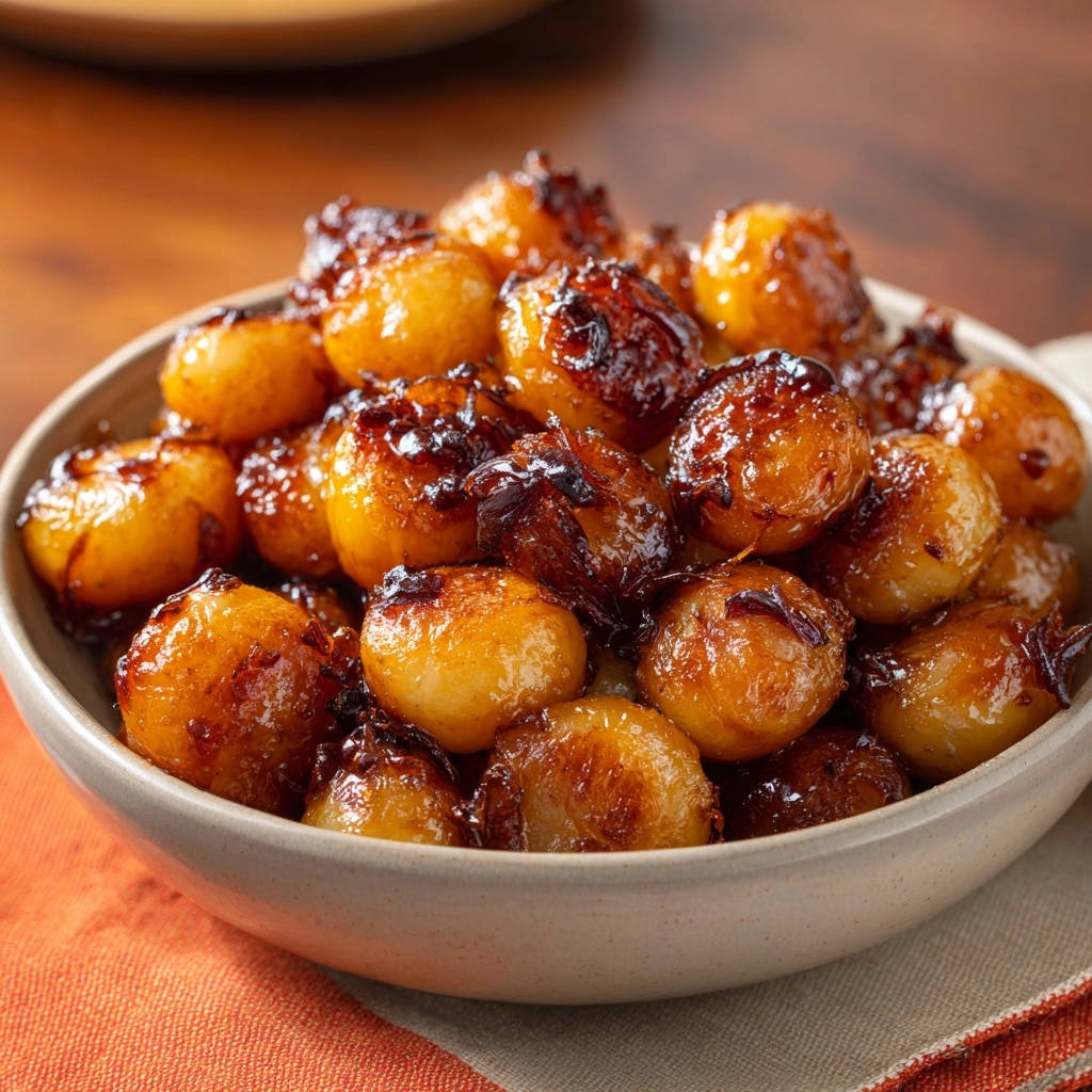Glazed pearl onions are piled high in a rustic bowl, showcasing their glossy, caramelized exterior.