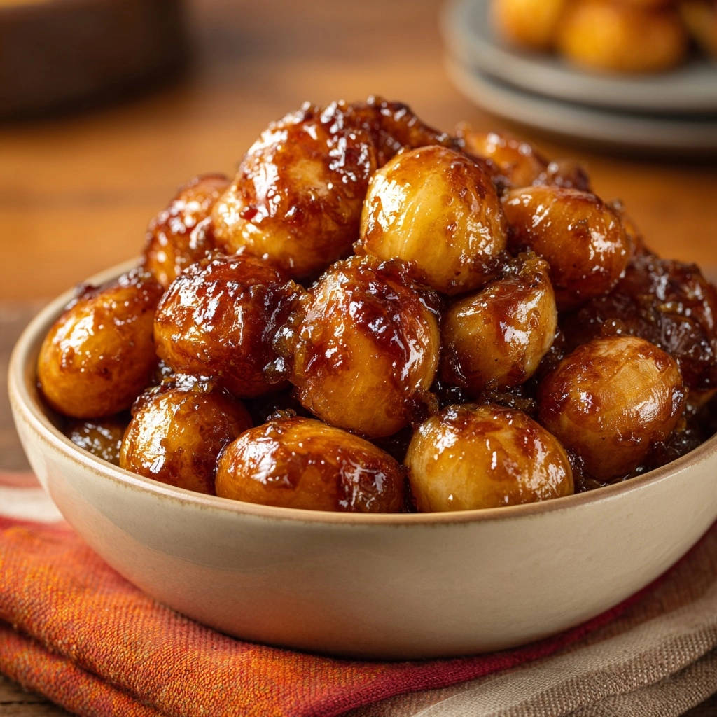 Glazed pearl onions shown in a bowl, glistening with a glossy brown sauce, highlighting their tender texture.