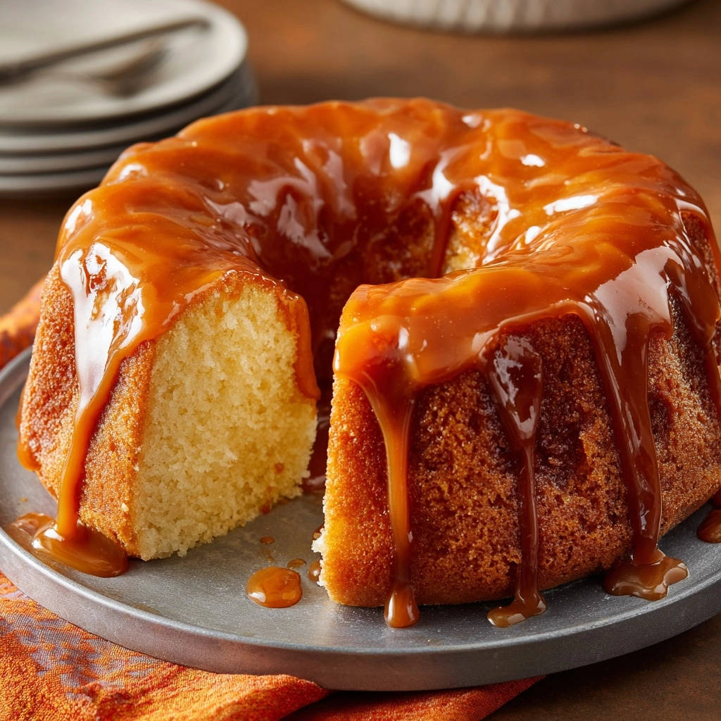 Golden Caramel Bundt Cake with a slice cut out, showing the moist interior and rich caramel glaze.