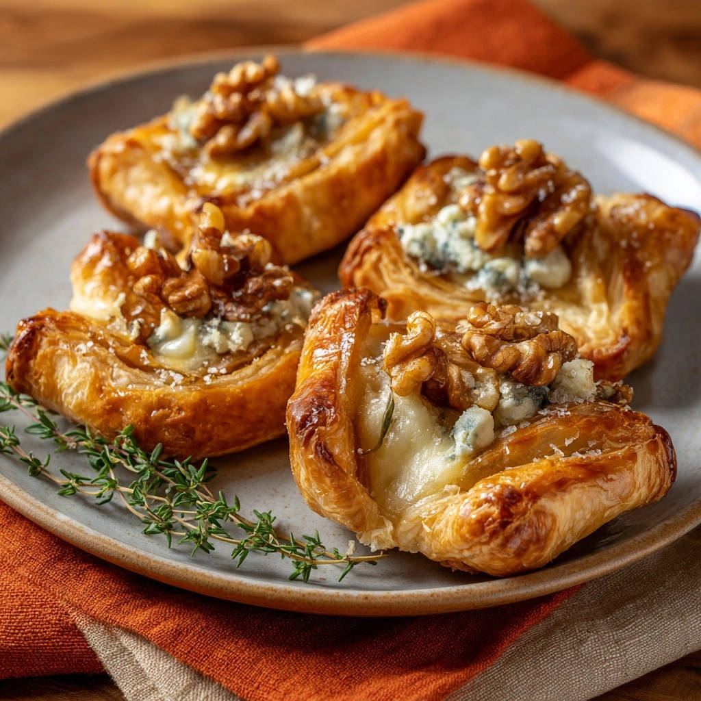 Golden cheese and walnut bites plated with fresh thyme sprigs, showcasing a close-up view of the flaky pastry and filling.