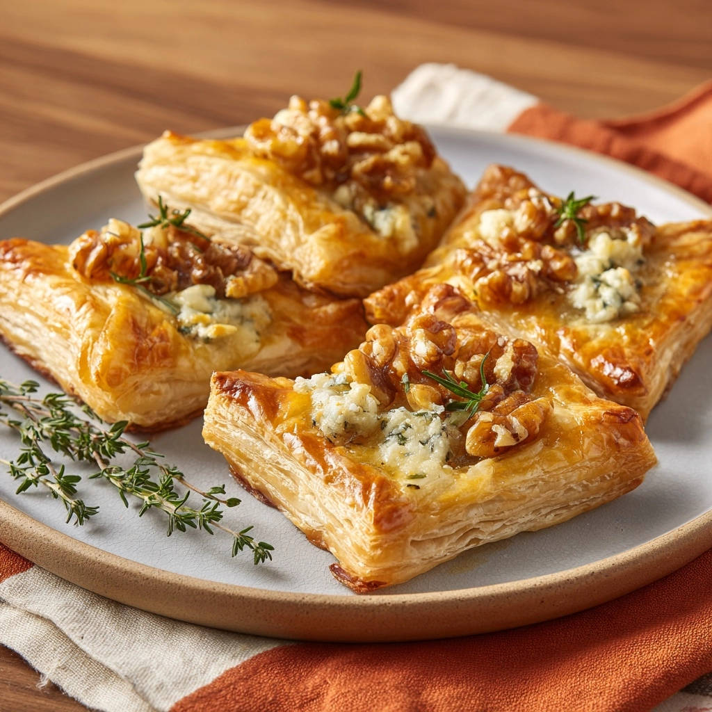 Golden cheese and walnut bites plated together, showcasing a close-up detail of the flaky pastry and toppings.