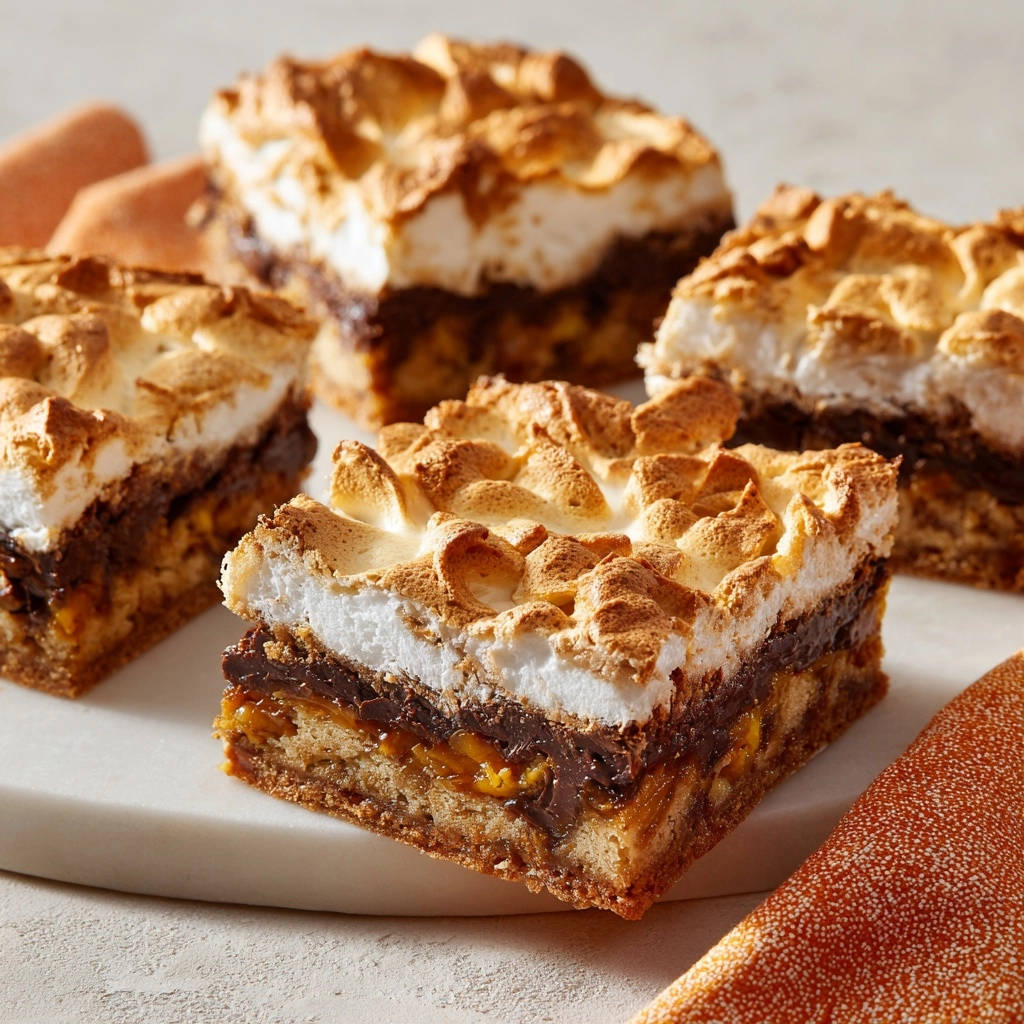 Gooey S'mores Bars showing distinct layers of toasted meringue, chocolate, and graham cracker base.