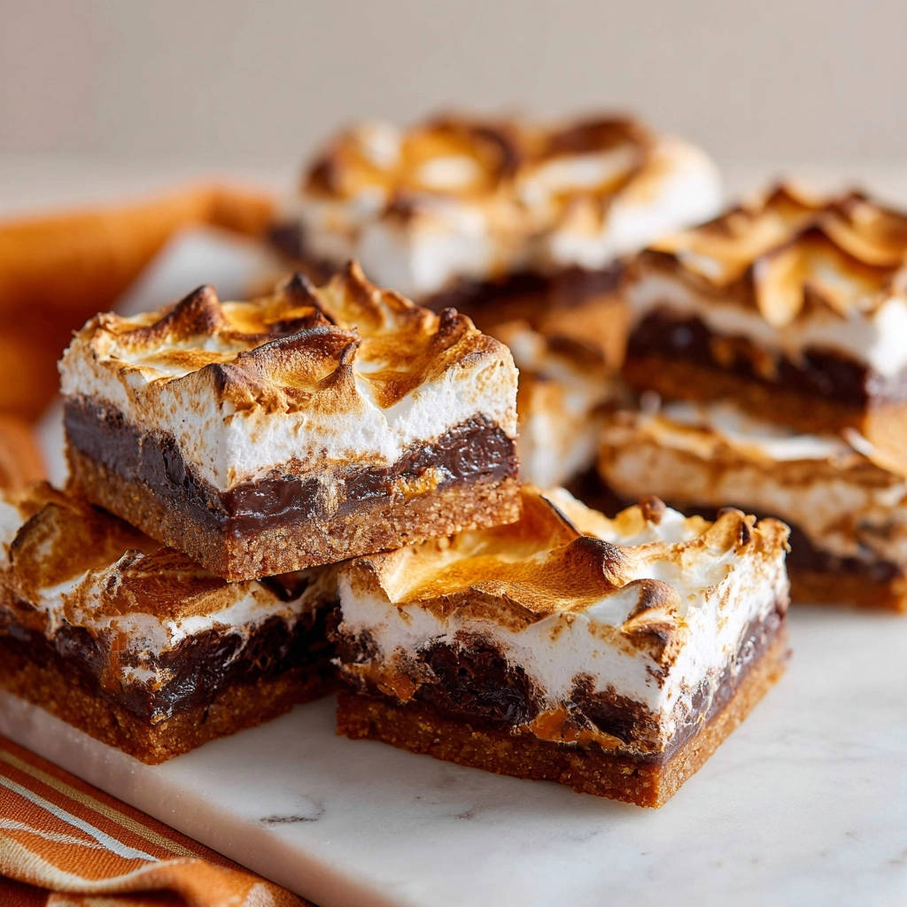 Gooey S'mores Bars with a toasted marshmallow topping shown in a close-up cross-section revealing layers of chocolate and graham cracker.