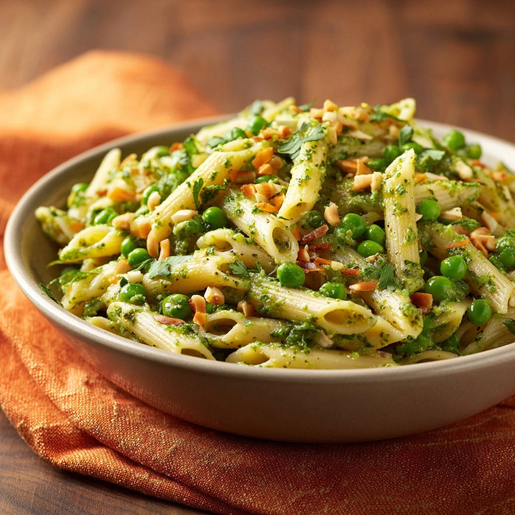 Green pesto pasta with peas shown in a close-up view within a rustic bowl, garnished with nuts and herbs.