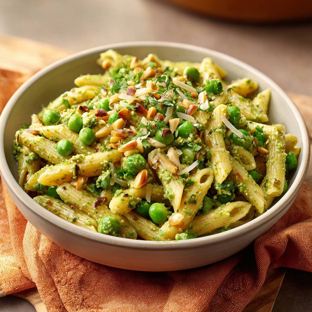Green pesto pasta with peas served in a bowl, with a close-up view showing the sauce clinging to the penne.