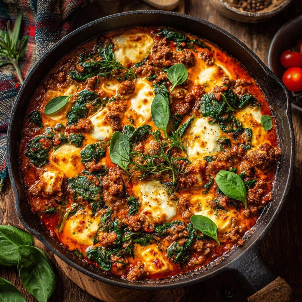 Hearty Halloumi & Spinach Skillet with melted cheese and rich tomato sauce, presented in a cast-iron pan from an overhead perspective.