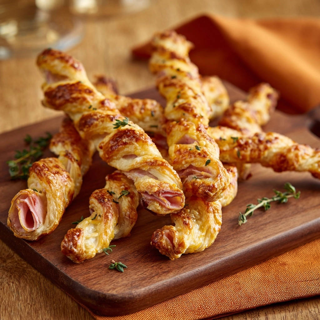 Ham & Cheese Puff Pastry Twists, a close-up view of golden-baked twists with visible ham and cheese.