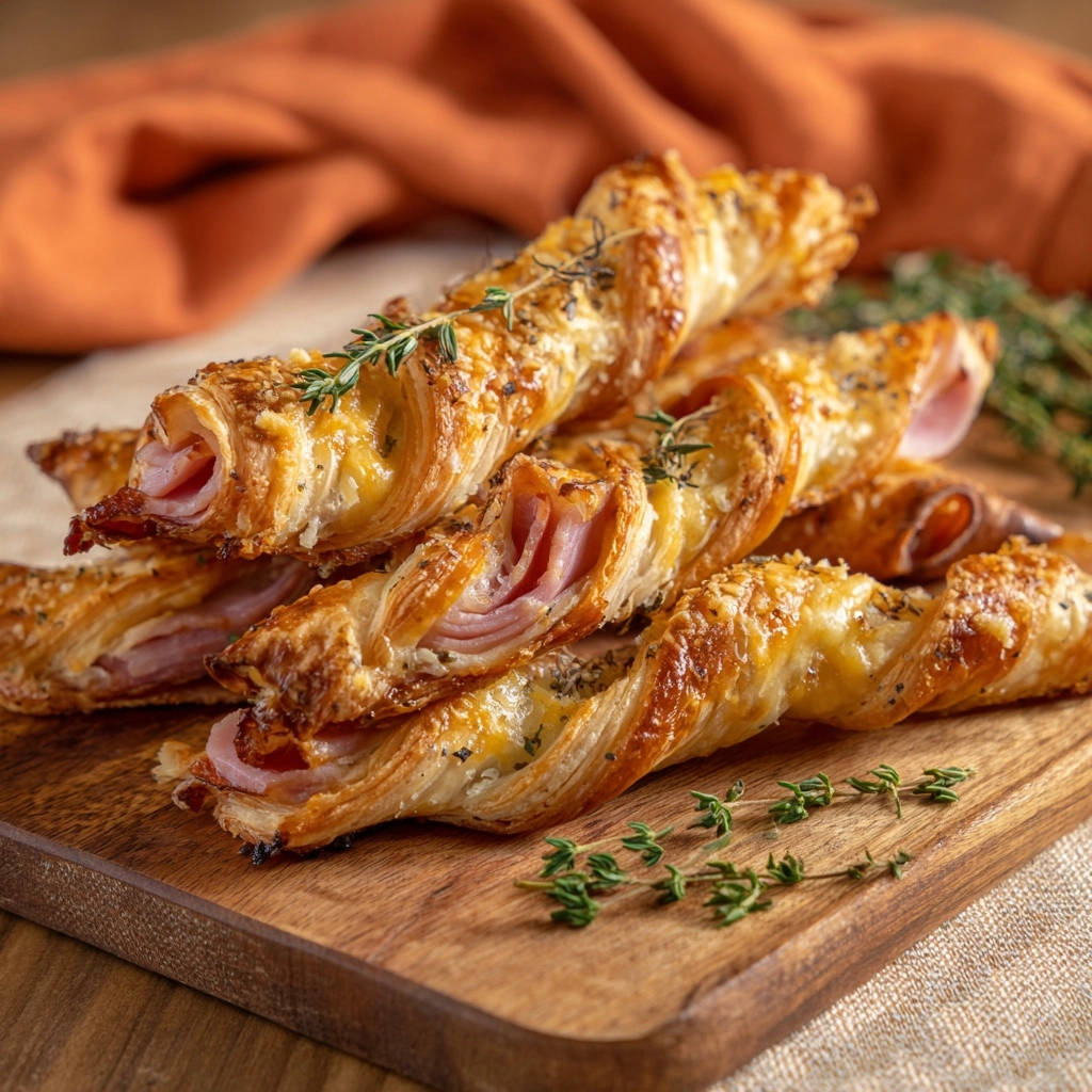 Ham &amp; cheese puff pastry twists, a close-up view showcasing the golden-baked flaky pastry and filling.