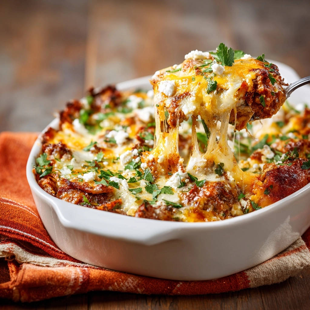 Hearty baked ziti casserole with a cheesy pull, showcasing melted mozzarella and fresh parsley garnish.
