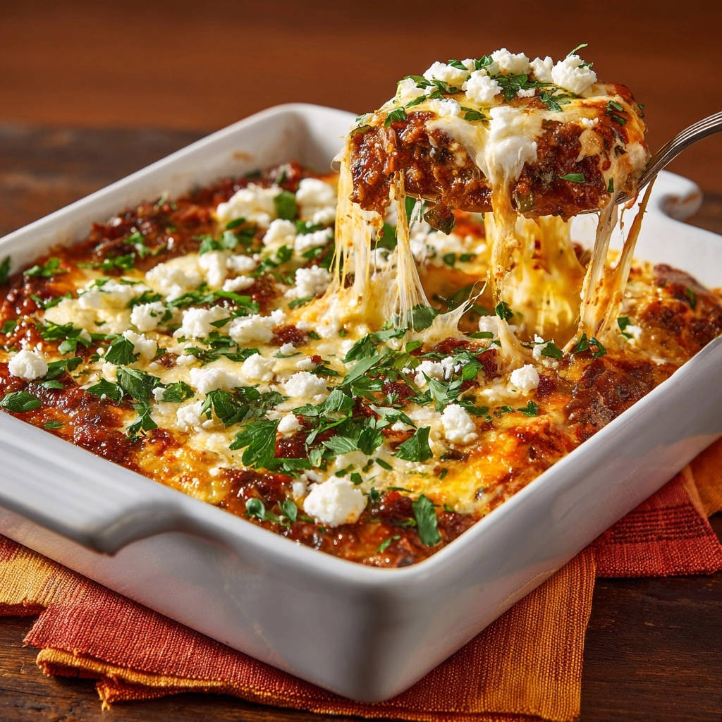 Hearty baked ziti casserole with a pulled slice revealing gooey melted cheese and crumbled feta topping.
