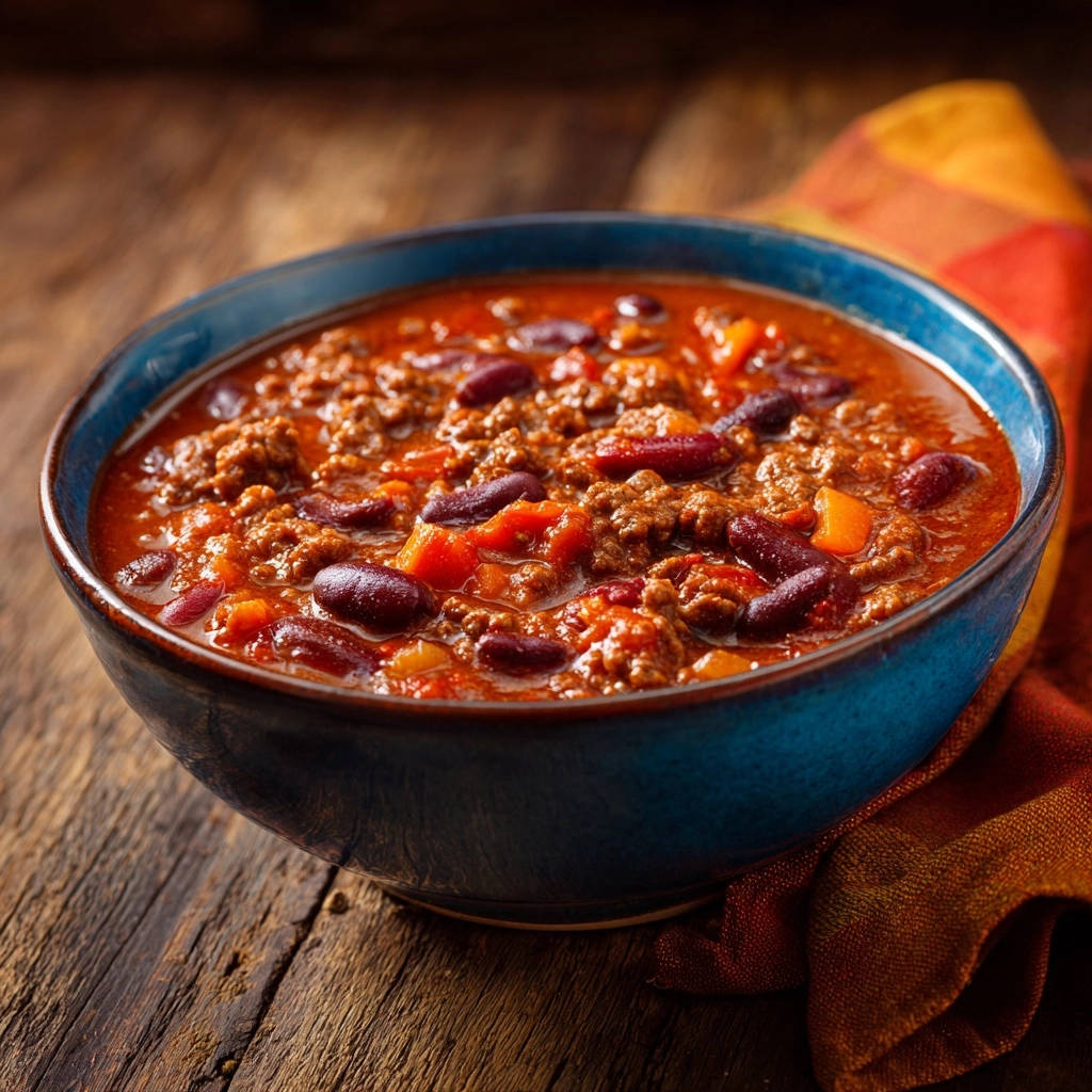 Hearty beef &amp; bean chili in a blue bowl, showing a close-up view of the rich, textured ingredients and savory broth.