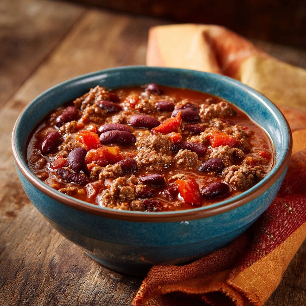 Hearty beef & bean chili shown in a close-up view of a rustic blue bowl filled with savory meat and beans.