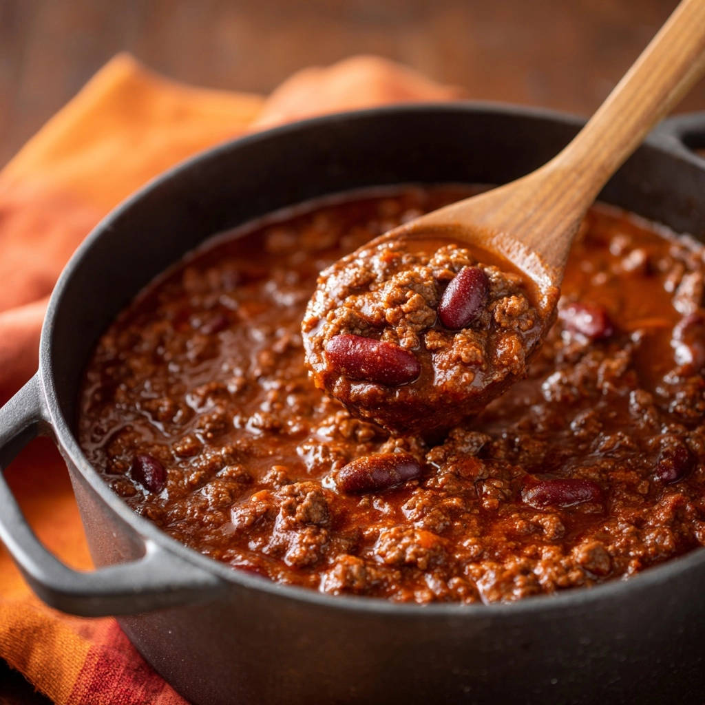 Hearty beef and bean chili shown in a pot with a wooden spoon lifting a spoonful, highlighting the rich texture.