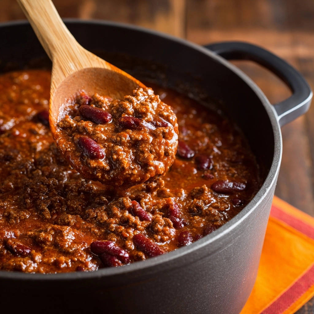 Hearty beef and bean chili being scooped from a large pot with a wooden spoon, showing rich texture.