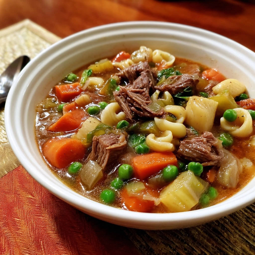 Hearty beef & pasta stew served in a white bowl, showing tender beef, carrots, peas, and pasta in a rich broth.