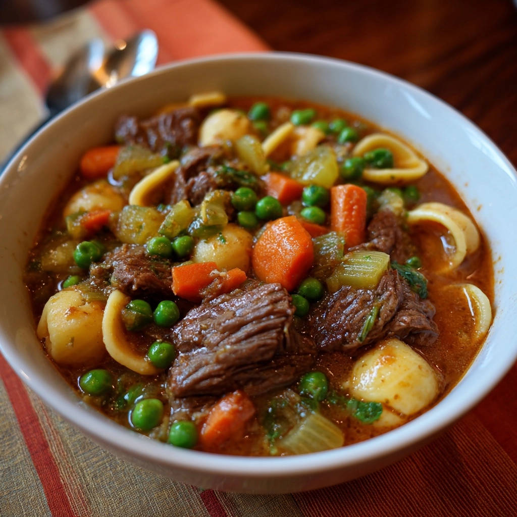 Hearty beef and pasta stew served in a white bowl, showcasing tender beef, pasta, peas, and carrots in a rich broth.