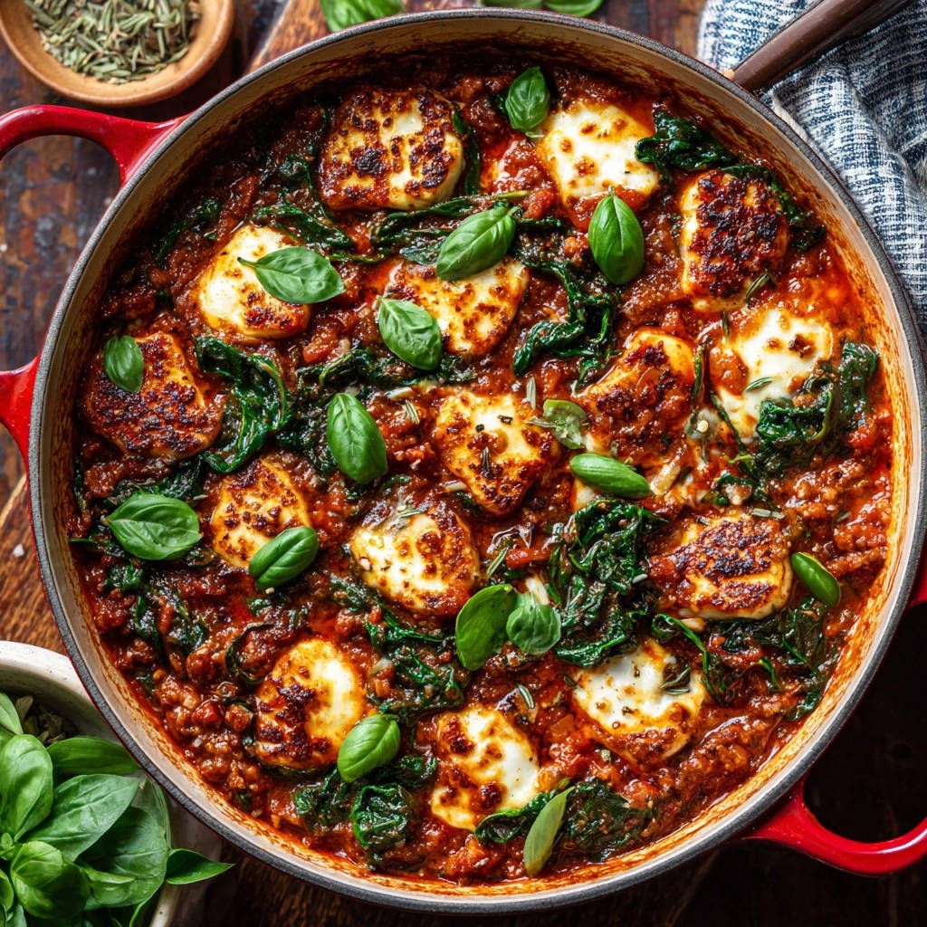 Hearty halloumi &amp; spinach skillet featuring golden-brown halloumi pieces in a rich tomato sauce, viewed from directly above.