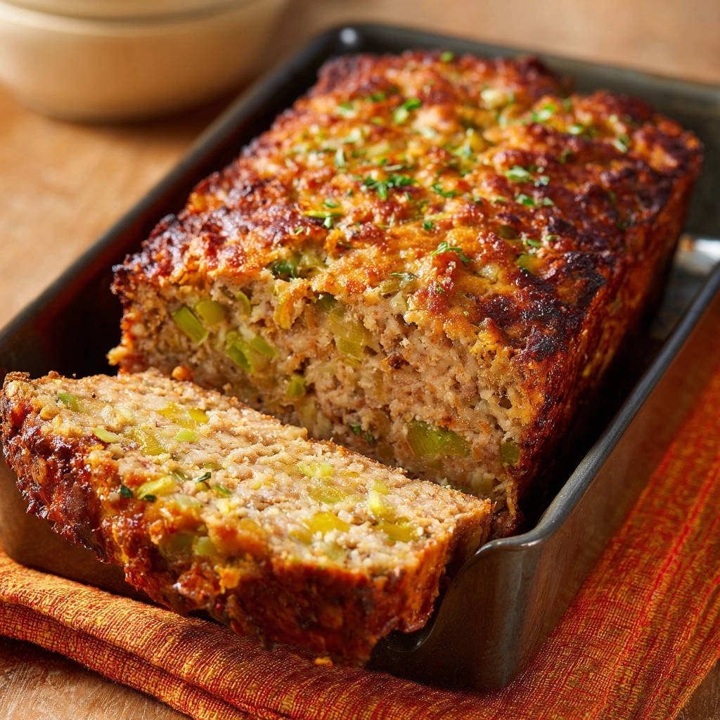 Classic homestyle meatloaf shown in a baking pan with a slice cut to reveal its juicy interior and visible ingredients.