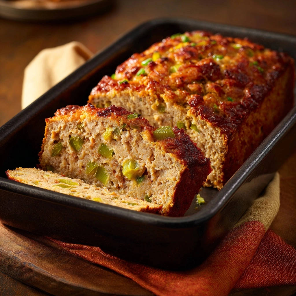 Classic homestyle meatloaf shown in a baking pan with a slice cut out, revealing its interior texture.