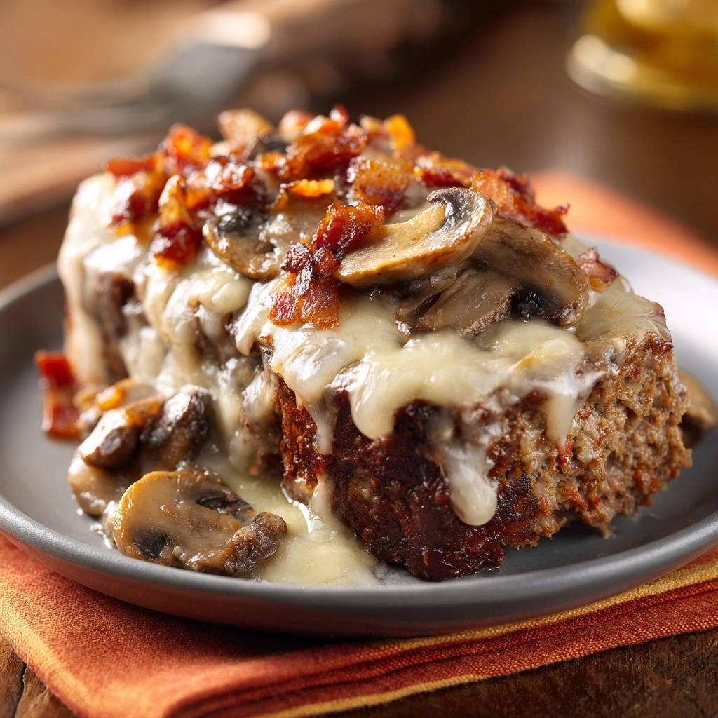 Homestyle meatloaf with mushroom bacon topping, a single plated serving shown in close-up with melted cheese and mushrooms.