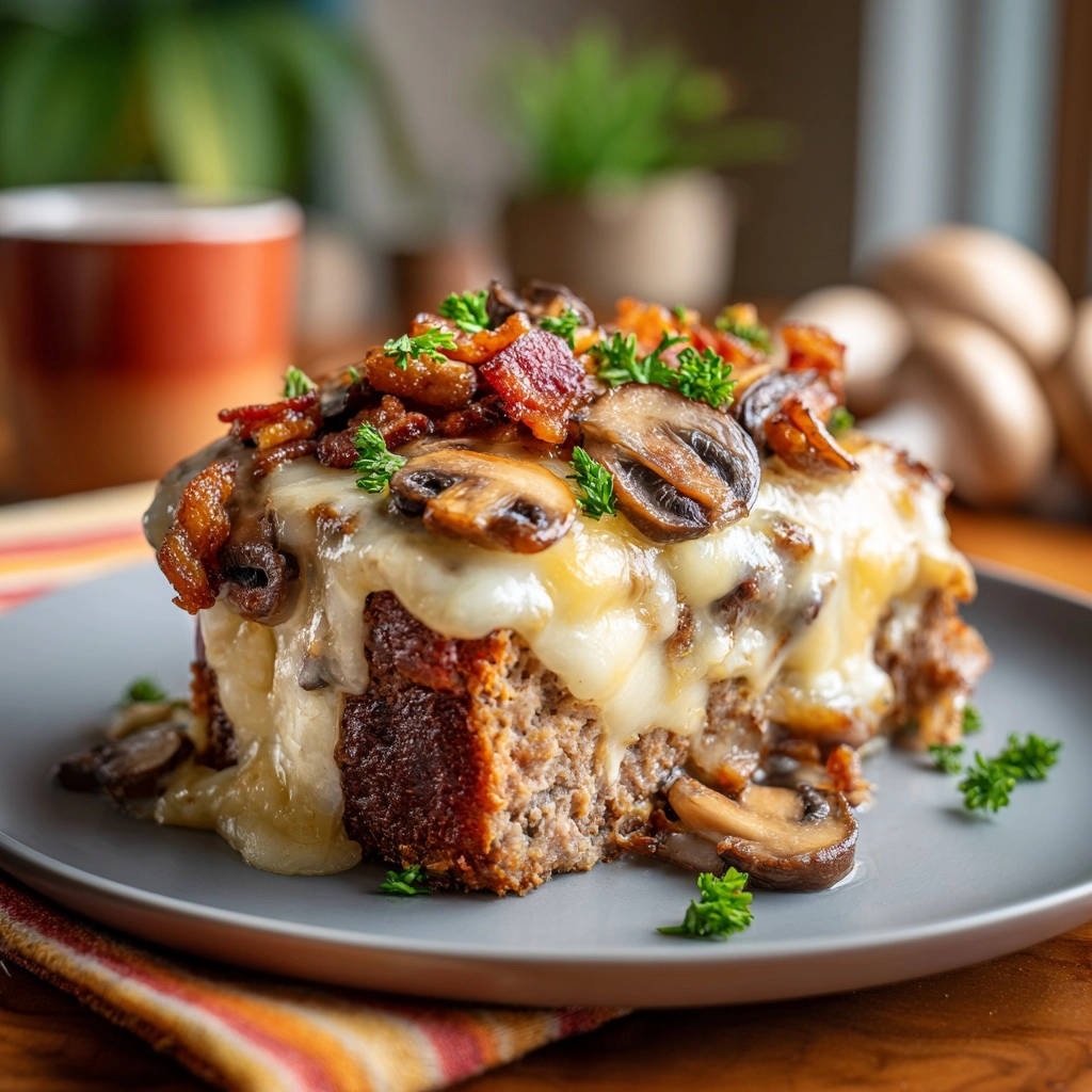 Homestyle meatloaf with mushroom bacon topping served as a plated slice showing melted cheese and mushrooms.