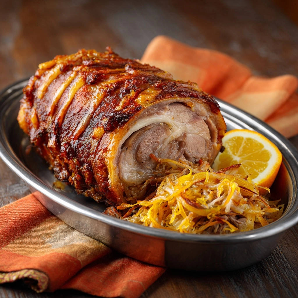 Juicy beef roast with caramelized onions, shown here as a close-up cross-section revealing the succulent interior and crispy exterior.