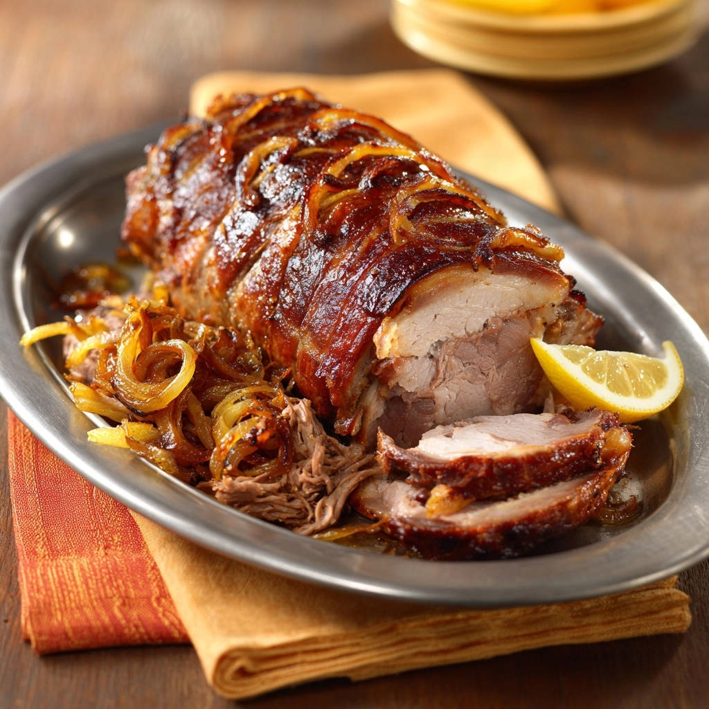 Juicy beef roast with caramelized onions, sliced to reveal a succulent cross-section on a platter.