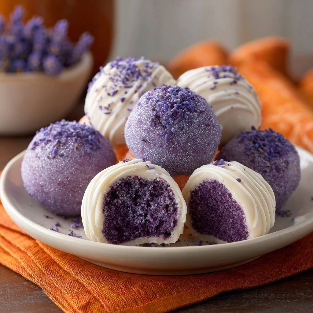Enchanting lavender truffles shown in a close-up cross-section, revealing the vibrant purple cake interior and white chocolate coating.