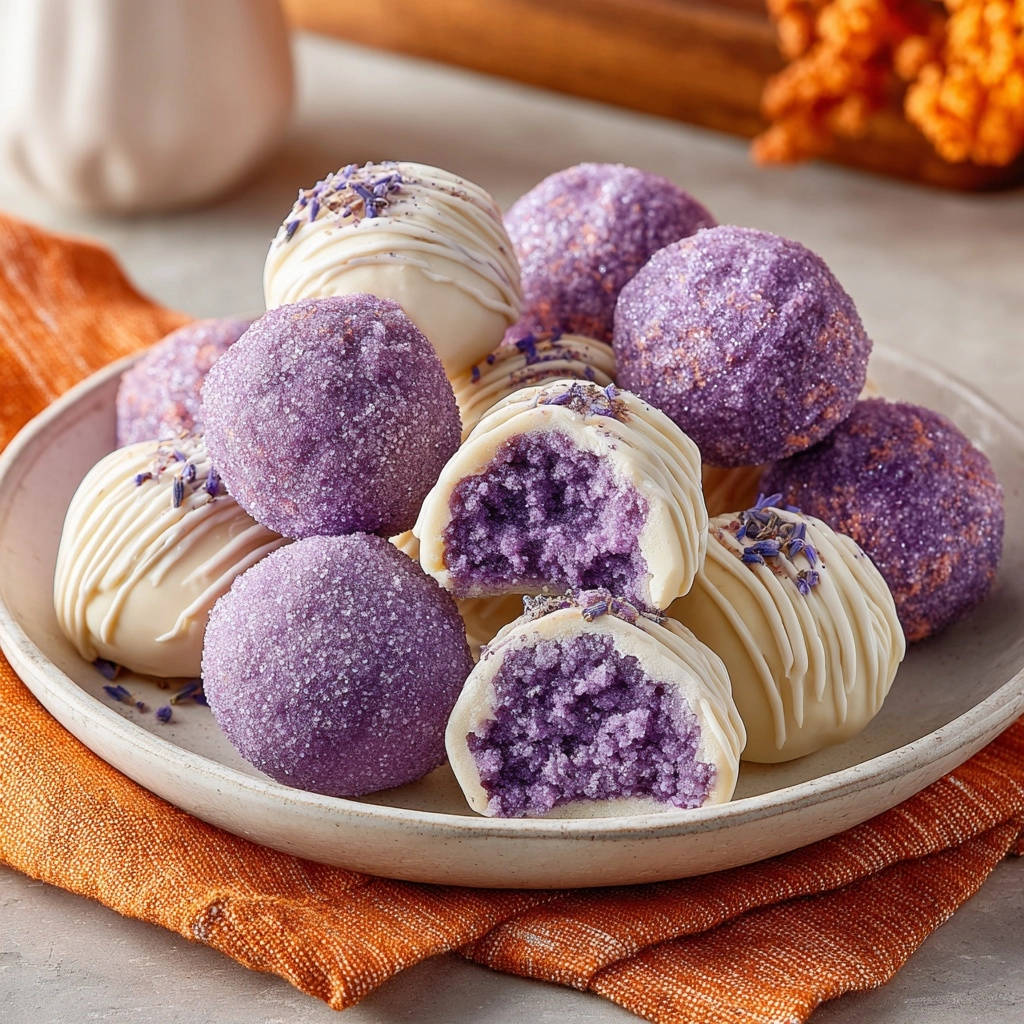 Enchanting lavender truffles with a close-up cross-section showing the silky smooth interior texture.