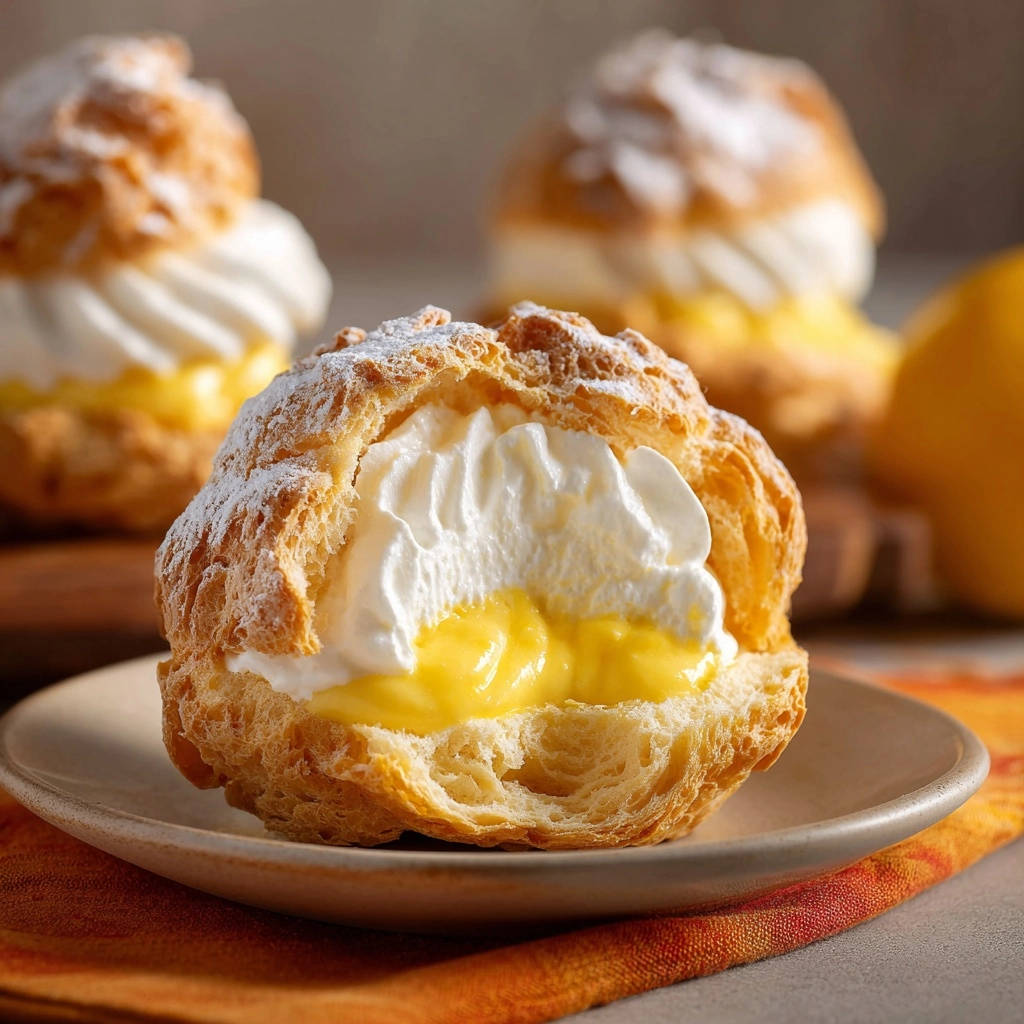 Lemon cream puffs cross-section detail showing piped cream and lemon filling inside a golden pastry shell, dusted with powdered sugar.
