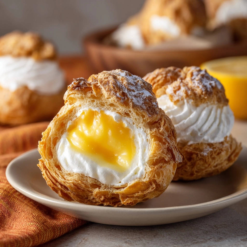 Lemon cream puffs cross-section showing a creamy lemon custard and whipped cream filling inside a golden pastry shell.