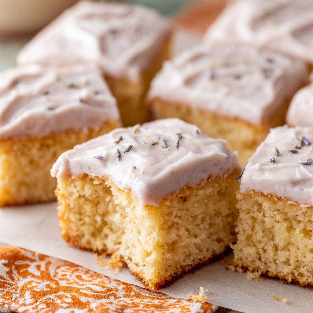 Lemon lavender sheet cake cross-section close-up showing tender crumb and lavender frosting.