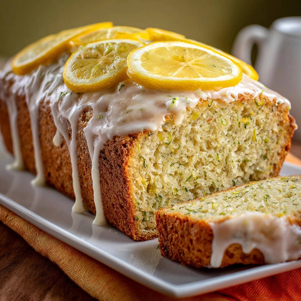 Lemon zucchini bread, glazed with white icing and topped with fresh lemon slices, with one slice cut.