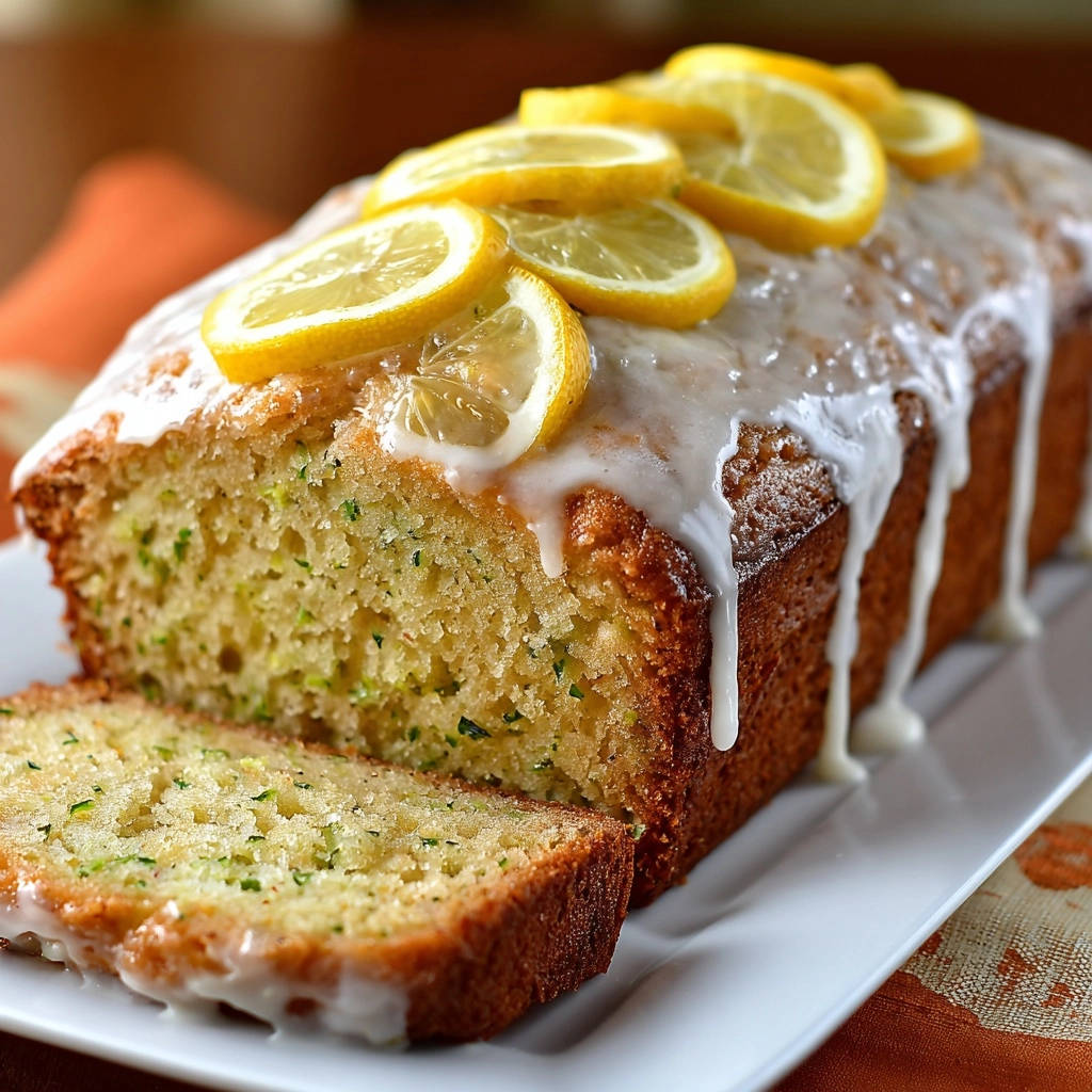 Lemon zucchini bread sliced and glazed with lemon slices on top, showing the moist interior texture.