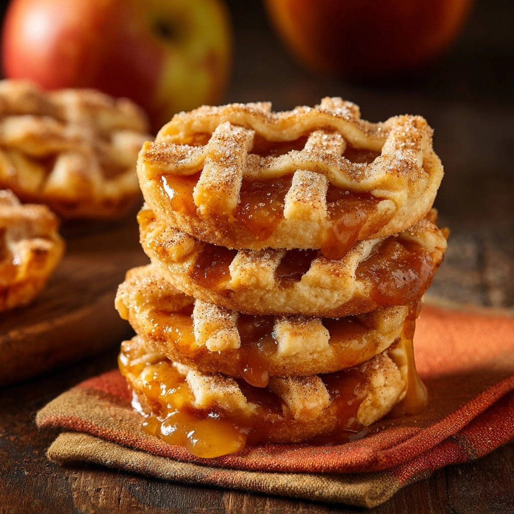 Mini apple lattice pies stacked on a napkin, showing the golden lattice crust and gooey apple filling.
