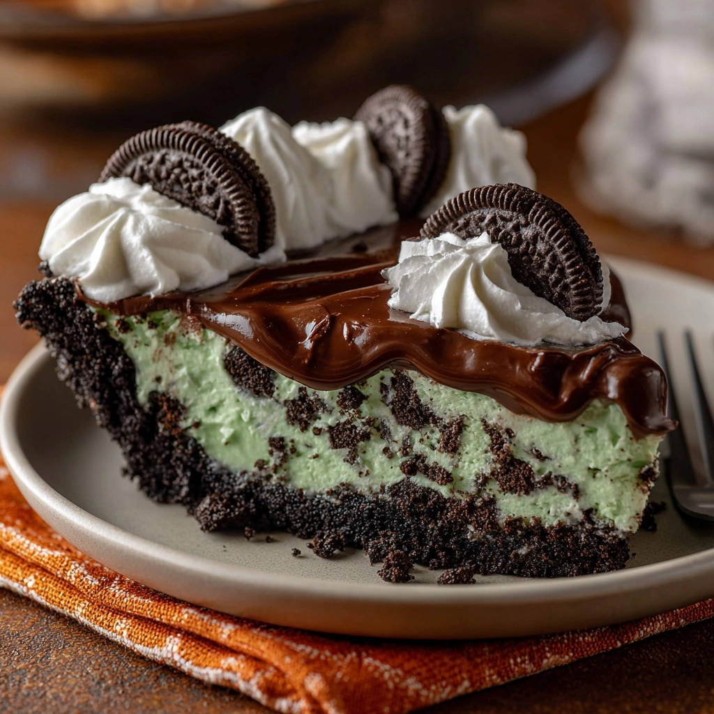 Dreamy mint chocolate pie slice showing a cross-section of the mint filling and chocolate cookie crust.