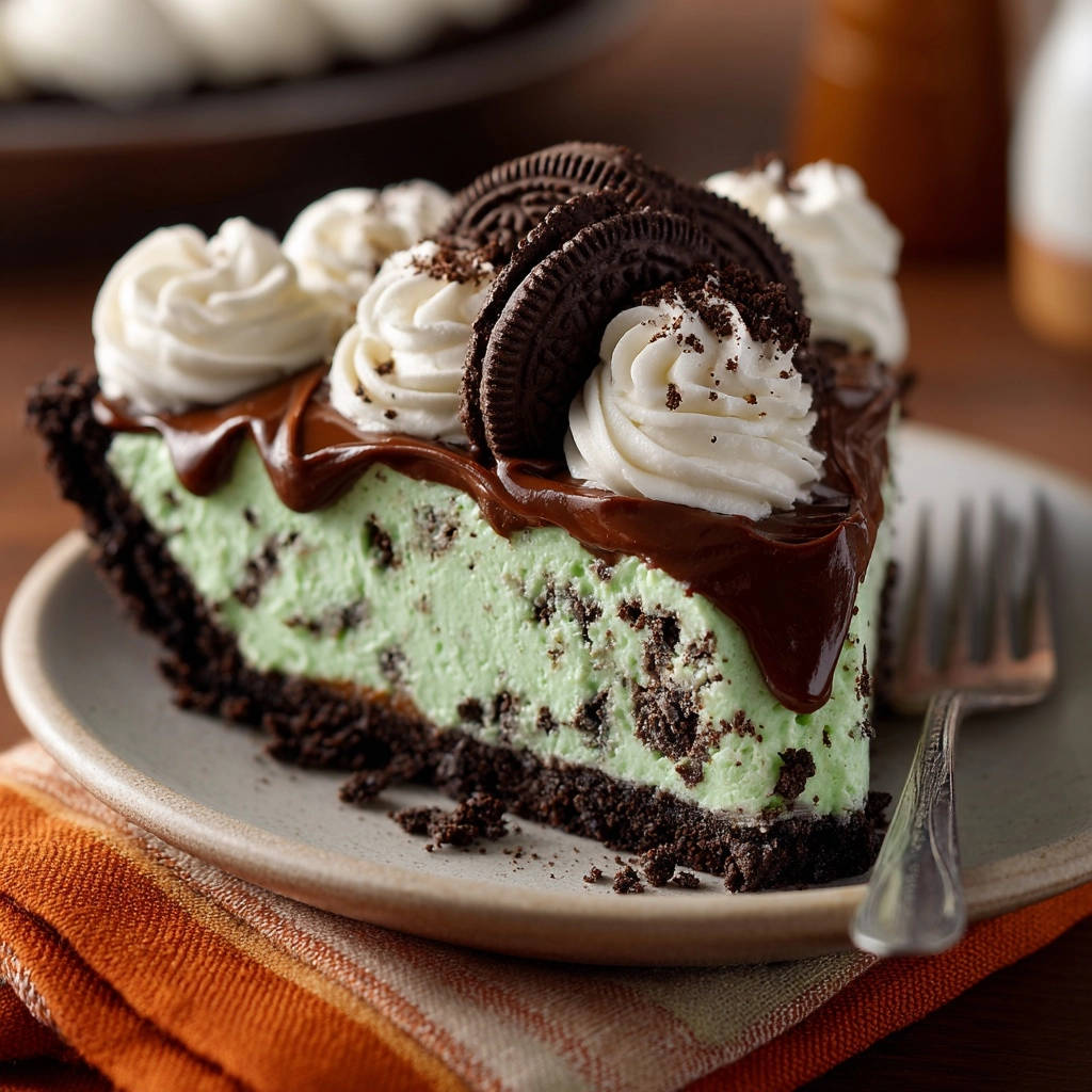 Dreamy Mint Chocolate Pie slice showing a cross-section of the creamy mint filling and chocolate cookie crust.